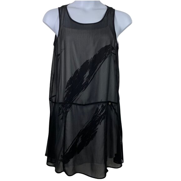 Mado Et Les Autres 44 Dress Sleeveless Black White Layered Feather Graphic Sheer - Picture 2 of 9